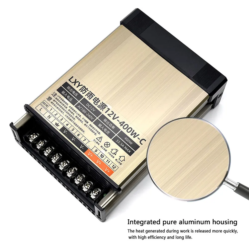 Дождепрочный источник питания с переменным напряжением DC 12V 400W, настенный, водонепроницаемый, алюминиевый преобразователь для светодиодов с напряжением DC 12V.