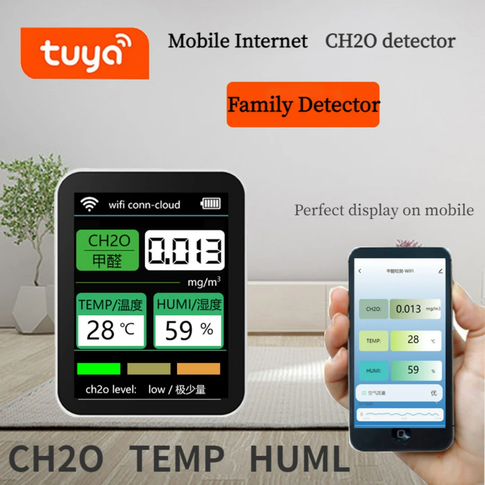 Детектор газа Tuya Wi-Fi 3-в-1 цифровой измеритель температуры и влажности домашний