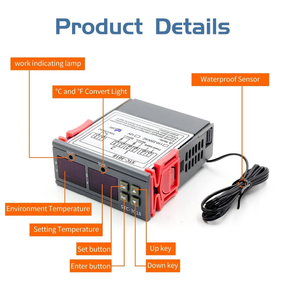 Цифровой регулятор температуры STC-3018 12 В 24 220 реле термостата C/F 10 А терморегулятор