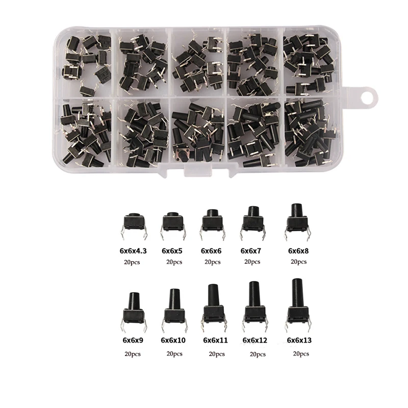 10 Models 200pcs 4 Pin Tact Switch Tactile Push Button Micro Kit 6x6 Key Self-reset DIP Switches | Строительство и ремонт