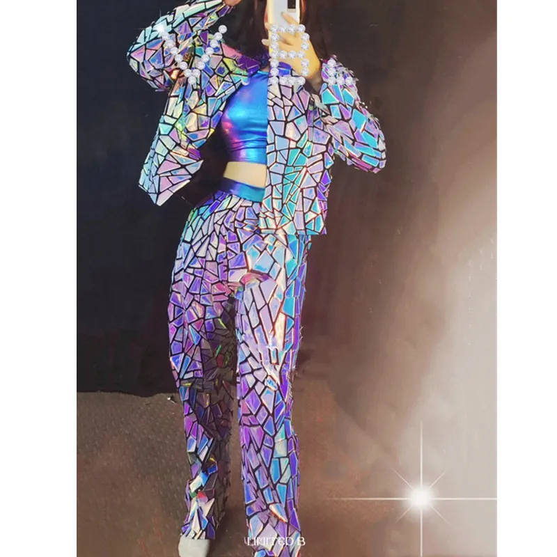 Бар певица зеркальный наряд танцевальный костюм фиолетовая куртка с лазерными