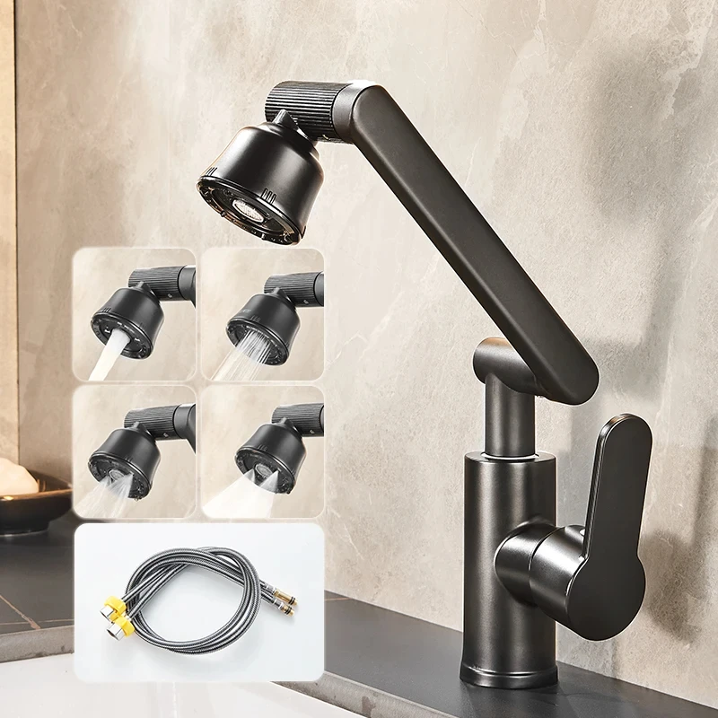 Black Kitchen Faucet 1080° Degree Rotation Copper Material Dual Mode Output Lift Type Bathroom Tap Deck Mounted