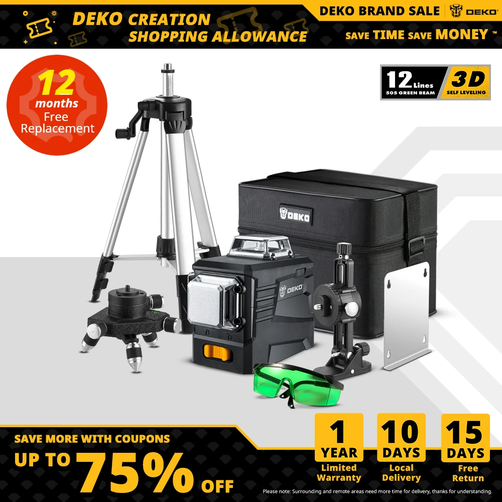 Лазерный уровень DEKO DKLL12PB2 12 линий 360 горизонтальных и вертикальных перекрестных с