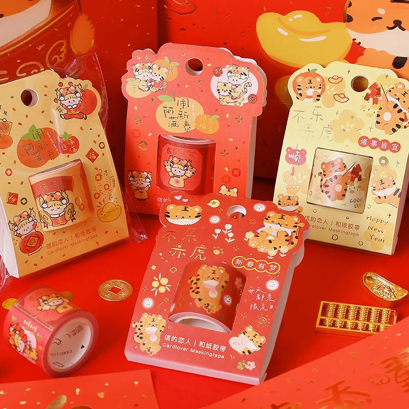 Лента Washi серии «Счастливый Новый год» с картинкой тигра, размером 3 см*3 м, самоклеящаяся декоративная этикетка.