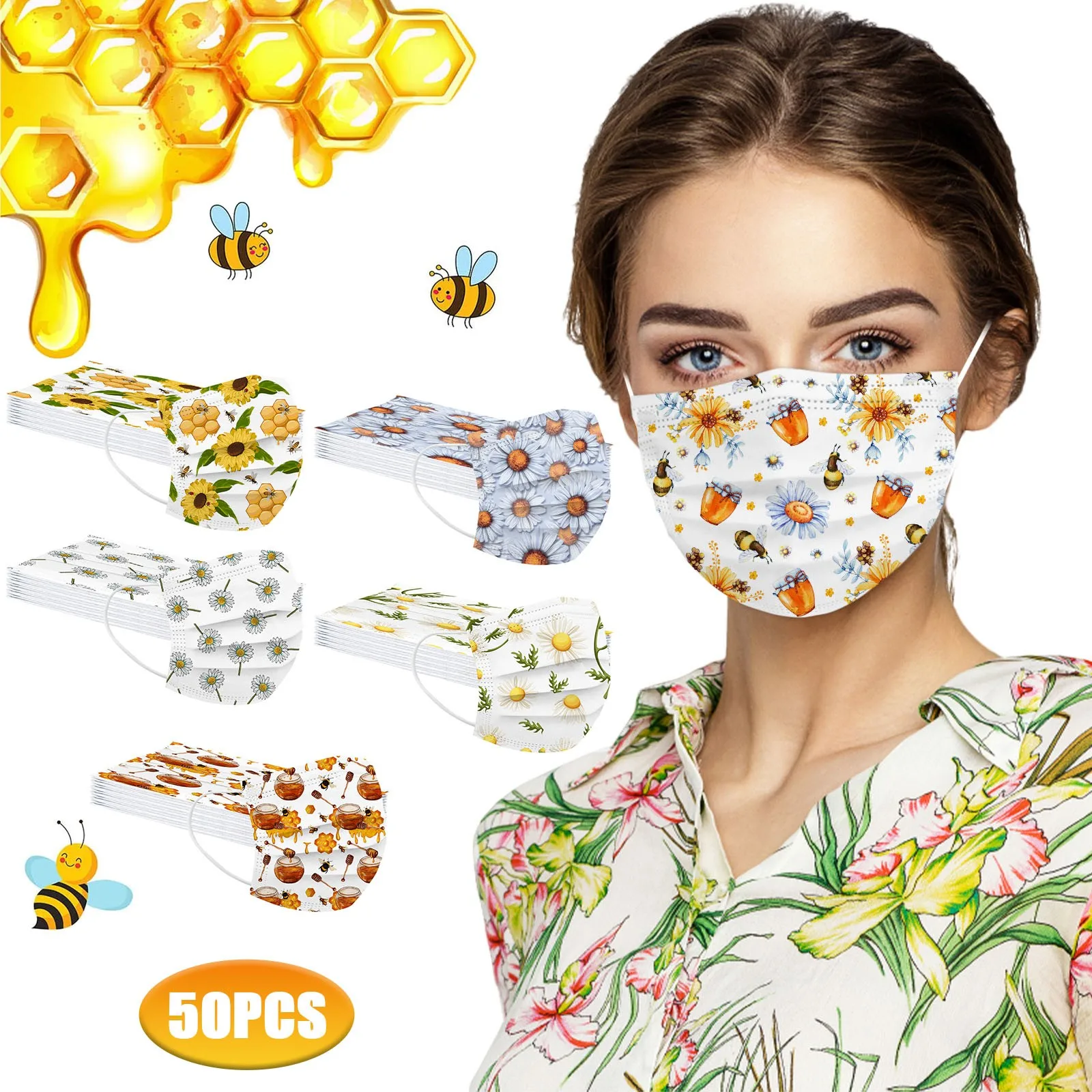 Маска одноразовая с пчелами и цветочным принтом 50 шт. |