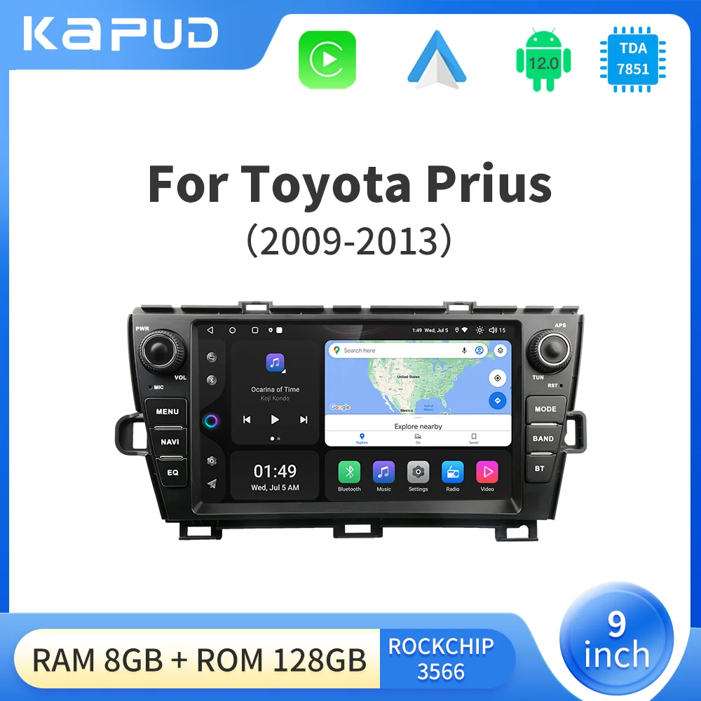 Мультимедийная магнитола Kapud 9 дюймов Android 12 для Toyota Prius 2009-2013 XW30 SWC Carplay GPS DSP 4G