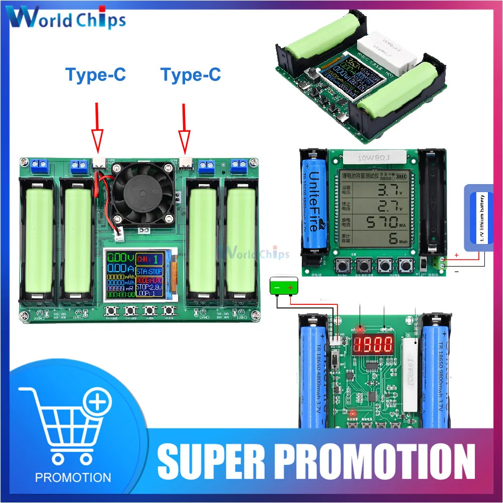 Цифровой тестер емкости аккумулятора 18650 с ЖК-дисплеем порт Type-C