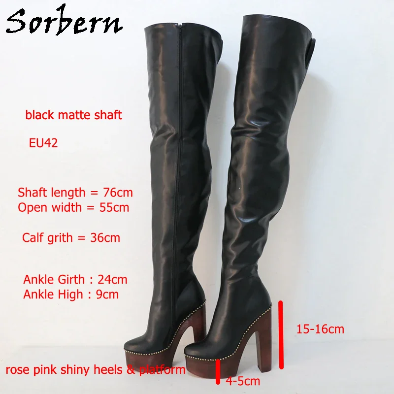 Sorbern Rose Pink Heel Crotch Thigh High Boots Women Block Platform Rivets Around Winter Style Drag Queen Shoes Custom