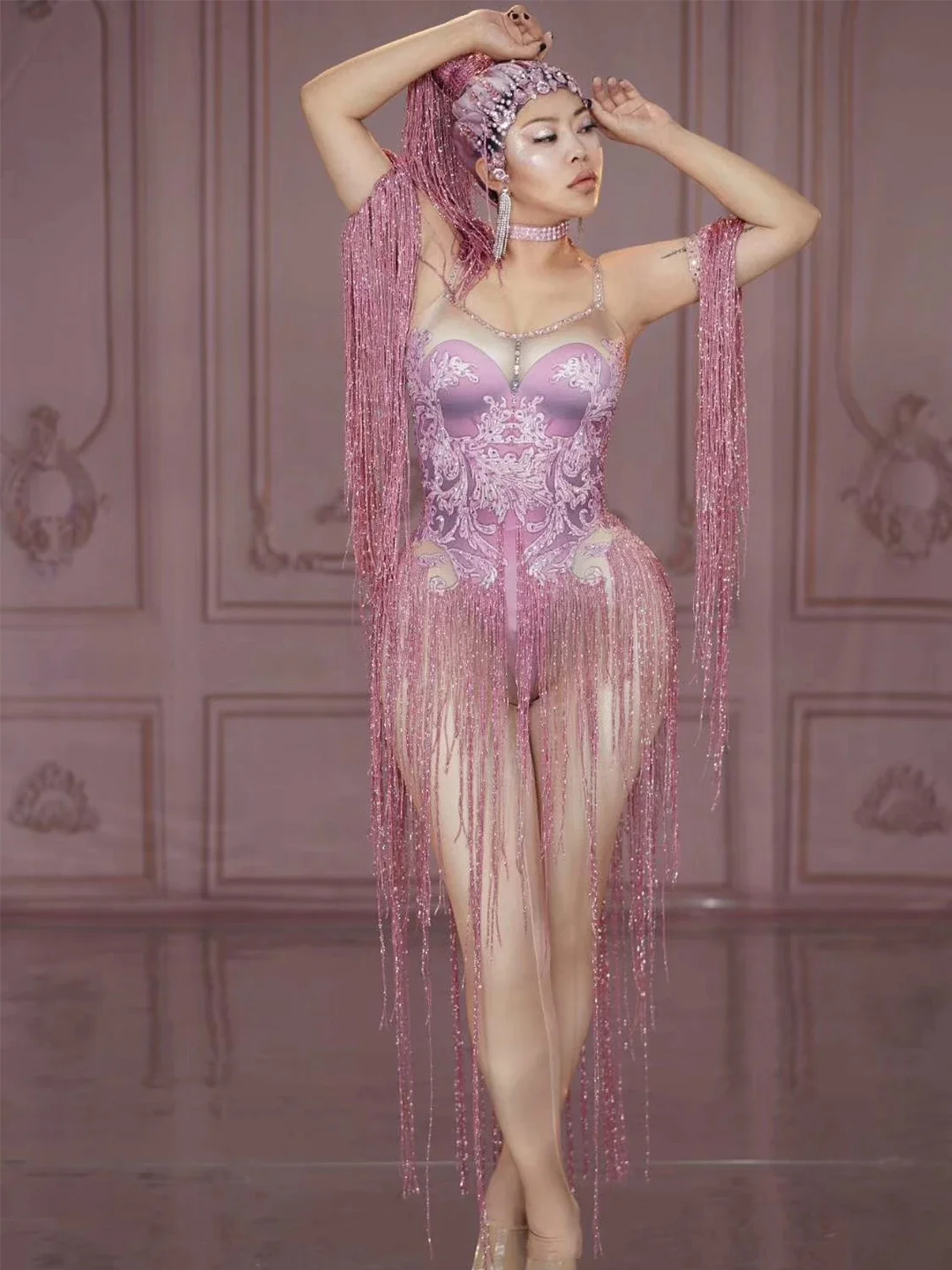 Женские боди с блестящими розовыми кристаллами и кисточками цельная одежда