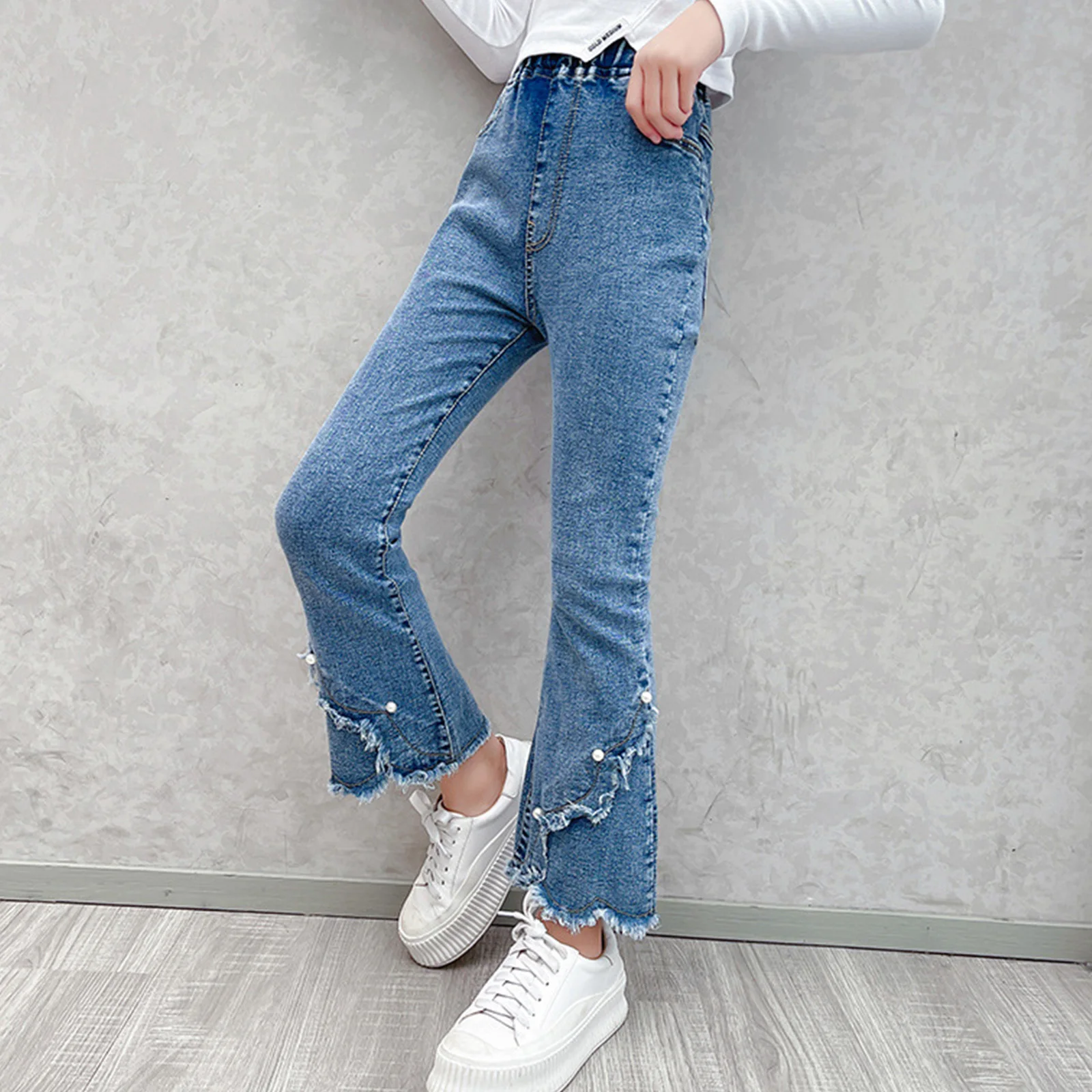Джинсы-клеш для девочек Модные Винтажные ковбойские брюки из денима с завышенной